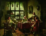Fritz Wagner, FRÖHLICHE TISCHGESELLSCHAFT IN HOLLÄNDISCHEM INTERIEUR., Signiert unten links: Fritz Wagner Mch. Öl auf Leinwand