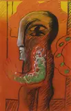 Ohne Titel (Figur auf Rot) by Horst Antes, Öl und Farbkreide auf glattem chamoisfarbenen Karton, sold Nov 2007