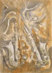Arman, Ohne Titel (Saxophone), Gouache, Kohle und Goldfarbe auf geprägtem handgeschöpften Velin auf Holzplatte
