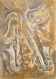 Arman, Ohne Titel (Saxophone), Gouache, Kohle und Goldfarbe auf geprägtem handgeschöpften Velin auf Holzplatte