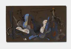 OHNE TITEL by Arman, Assemblage: Sprühfarbe und farbig gefasste Violinenelemente auf Teppich in Objektkasten, sold Nov 2007