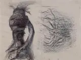 Dirk Bell, OHNE TITEL, Mischtechnik auf chamoisfarbenem mittig gefalteten Pergaminpapier