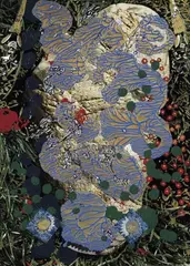 Michael Buthe, OHNE TITEL (STEINE), Acryl mit Staniolpapier collagiert auf Farbphotographie