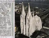 Christo, MEIN KÖLNER DOM, WRAPPED, Farbiger Lichtdruck und Serigraphie mit Collage (Strassenkarte, Stoff, Bindfaden) auf dickem Karton