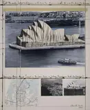 Christo, WRAPPED OPERA HOUSE (PROJECT FOR THE OPERA HOUSE IN SYDNEY, BENNELONG POINT, AUSTRALIA), Farbiger Lichtdruck und Serigraphie mit Collage (Stoff, Bindfaden, Tesakrepp) auf Karton, aufgezogen auf Karton