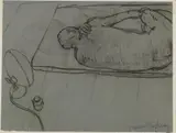 David Hockney, BOY WITH SUN LAMP, Kohle auf grau-grünem Papier mit unregelmäßig verlaufendem unteren Rand auf Karton
