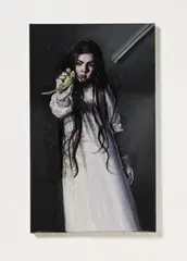 Andrea Lehmann, TOTER VOGEL, Acryl, Kunstharz und künstliche Haare auf Leinwand