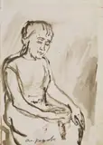 A. R. Penck, OHNE TITEL (SITZENDE FRAU), Tusche in Braun, laviert, auf liniertem Buchhaltungspapier