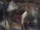 Emil Schumacher, Ohne Titel (Stadtlandschaft), Aquarell, Deckweiß und Tusche auf leicht genarbtem, rückseitig bedruckten Kupferstich