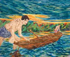 SEO, DIE HEIMKEHR DER FISCHER INS PARADIES II, Acryl, Aquarell und Papiercollage auf Leinwand