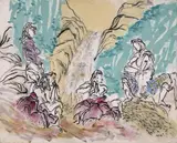 SEO, WASSERFALL, Acryl, Aquarell, Tusche und Papiercollage auf Leinwand