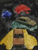 Franz West, OHNE TITEL, Gouache und Tusche auf Illustriertenpapier mit unregelmäßig verlaufendem rechten Rand