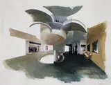 Amelie von Wulffen, OHNE TITEL (SKYLOBBY, WETTBEWERB BUNDESKANZLERAMT), Dispersion, Gouache, Tusche und Bleistift sowie Farbphotographien und Papier collagiert auf Halbkarton
