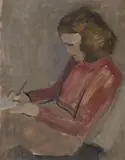 Willi Baumeister, Schreibendes Mädchen (Agnete Heinrich), Öltempera auf dünnem Karton
