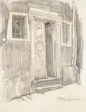 Lyonel Feininger, Weimar (Haustür Nr. 16), Bleistiftzeichnung auf weißem Briefpapier mit Wasserzeichen "Deutscher Reichsadler"