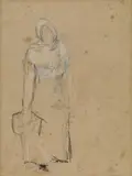 Paul Gauguin, Studie, Frau mit Korb (Verso: Figurenskizzen), Bleistiftzeichnung, teils mit Farbkreiden gehöht bzw. koloriert, auf einfachem Papier aus einem Skizzenheft