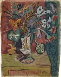 Werner Gilles, Blumenstrauß in einer schlanken Vase, Gouache und Öltempera auf elfenbeinfarbenem festen Zeichenpapier