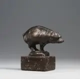 Schwein by August Gaul, Bronzeplastik. Höhe 4,5 cm, auf schwarzweiß geäderten Marmorsockel, sold Nov 2007