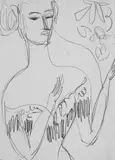 Junge Frau in dekolletiertem Abendkleid by Ernst Ludwig Kirchner, Bleistiftzeichnung auf glattem chamoisfarbenen Papier, sold Nov 2007
