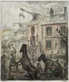Pferdeschlächterei by Alfred Kubin, Aquarellierte Tuschfederzeichnung auf elfenbeinfarbenem Papier, rückseitig mit dem Fragment einer Architekturzeichnung, sold Nov 2007
