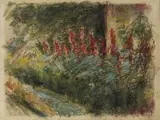 Max Liebermann, Wannseegarten, Beet mit rotem Rittersporn, Pastellkreiden auf festem leicht genarbten Velin