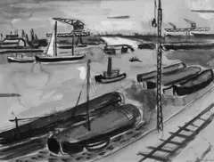 Helmuth Macke, Duisburger Hafen, Gouache über Bleistiftvorzeichnung auf leicht genarbtem bräunlichen Velin