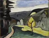 Helmuth Macke, Oberbayerische Landschaft mit Weg. Rückseitig: Segelboot mit ruhendem Mädchen. 1934, Öl auf Leinwand, doppelseitig bemalt