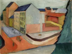 August Macke, Unsere Straße mit Reitbahn, Öl und Kreide auf leicht genarbtem Papier