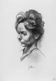 Ludwig Meidner, Weibliches Kopfporträt. Rückseitig Porträt A. Schröder, Doppelseitige Kohlezeichnung, partiell laviert, auf weißem Maschinenpapier