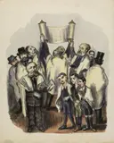 Ludwig Meidner, Emporheben der Thora. Rückseitig Treppenhausszene, Doppelseitiges Aquarell und Kreidezeichnung auf elfenbeinfarbenem Velin
