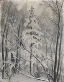 Schneelandschaft (Märchenszene mit Frau und kleinem gelben Vogel) by Otto Modersohn, Öl auf Malkarton, sold Nov 2007