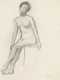 Paula Modersohn-Becker, Auf Podest sitzender Frauenakt nach links, Kohlezeichnung auf zartgrau getöntem Japanpapier