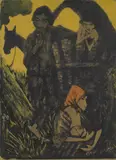 Otto Mueller, Zigeunerfamilie am Planwagen, Original-Farblithographie, das Kopftuch der Frau und der Mund des Kindes mit roter Fettkreide überarbeitet, auf bräunlich-grauem Papier