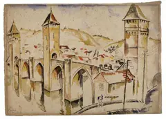 Cahors. Rückseitig: Landschaft bei Cahors by Mela Muter, Aquarell mit schwarzer Tuschfeder, rückseitig Gouache mit Tuschfeder auf festem Velin, sold Nov 2007