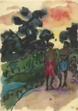 Emil Nolde, Buschweg mit Südseeinsulanern, Aquarell und schwarze Tusche auf dünnem Japanpapier