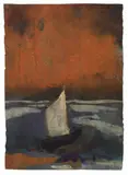 Emil Nolde, Boot mit weißem Segel, Aquarellfarben und Deckweiß auf dünnem Japanbütten