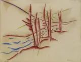 Walter Ophey, Bergflüsschen, Farbige Ölkreidezeichnung auf elfenbeinfarbenem Bütten