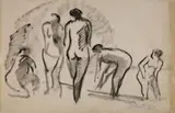 Max Pechstein, Fünf weibliche Akte, Tuschpinselzeichnung auf elfenbeinfarbenem Bütten mit Wasserzeichen "PL BAS"