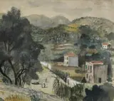Südliche Landschaft by Max Peiffer Watenphul, Aquarell und Deckweiß über graublauer Pinselzeichnung auf elfenbeinfarbenem Bütten, sold Nov 2007