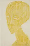 Christian Rohlfs, Frauenkopf, Durchreibezeichnung mit gelber Kreide des mittleren Kopfs des um 1912 entstandenen Holzschnitts "Drei Köpfe" (Utermann 42, Vogt 45). Auf dünnem Japan