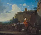 Nachfolge Jan Asselijn, LANDSCHAFT MIT BAUERN BEI DER TRÄNKE., Öl auf Leinwand (doubliert)