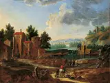Marc Baets, LANDSCHAFT MIT REITERN., Öl auf Leinwand