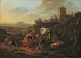 Nicolaes Pieterszoon Berchem, ITALIENISCHE LANDSCHAFT MIT HIRTENFAMILIE.
