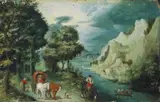 Christoffel van den Berghe, FLUSSLANDSCHAFT MIT REITER UND KUTSCHE., Öl auf Kupfer