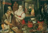 zugeschrieben Joachim Beuckelaer, KÜCHENSTÜCK MIT CHRISTUS BEI MARIA UND MARTHA., Öl auf Holz