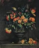 zugeschrieben Margherita Caffi, BLUMENSTILLLEBEN MIT ROSEN, NELKEN, TULPEN, RITTERSPORN UND ANDEREN BLUMEN., Öl auf Leinwand
