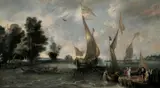 Andries van Eertvelt, FLUSSANSICHT MIT BOOTEN, EINEM ANLEGER UND FIGUREN., Monogrammiert auf dem Seitenschwert des Fischerbootes: AVE (ligiert). Öl auf Leinwand