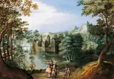 Flemish School, LANDSCHAFT MIT HÖFISCHER GESELLSCHAFT VOR EINEM WASSERSCHLOSS., Öl auf Kupfer