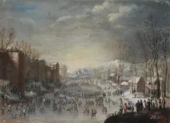 EISLAUFVERGNÜGEN VOR DEN MAUERN EINER STADT. by zugeschrieben Thomas Heeremans, Öl auf Leinwand, auf Holz aufgezogen, sold Nov 2007