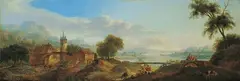 Franz Hochecker, RHEINLANDSCHAFT MIT EINEM DORF, HIRTEN UND ZIEGENHERDE., Öl auf Leinwand